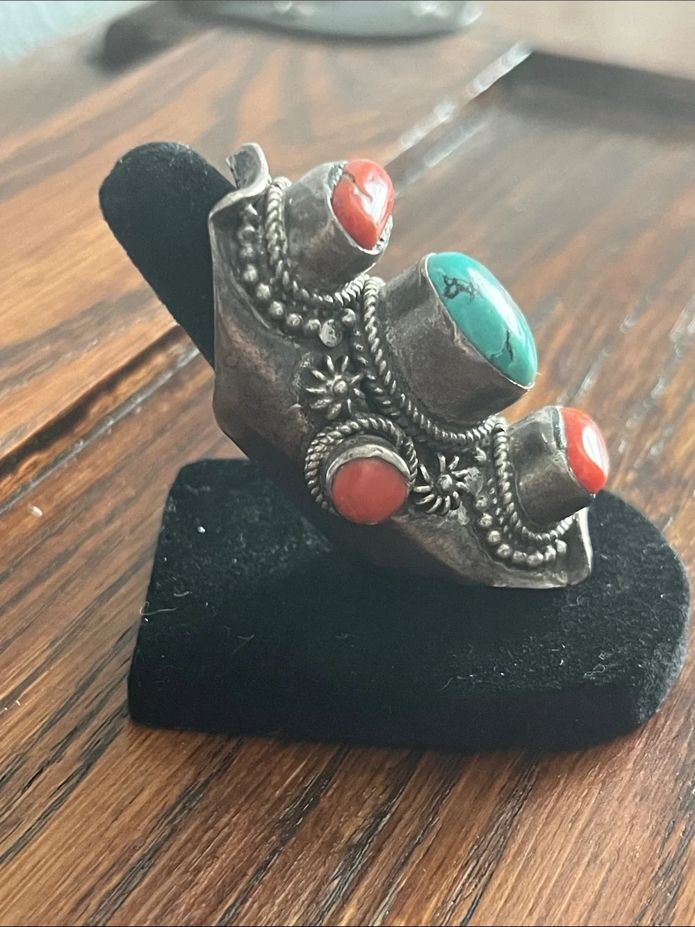 Tibetan 925 Silver Saddle Ring - Turquoise and Coral